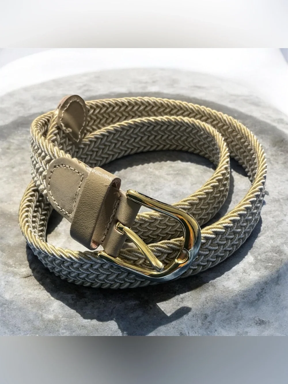 Women’s Braided Elastic Stretch Belt Gold Buckle Leather Tip Waist Belt NWOT